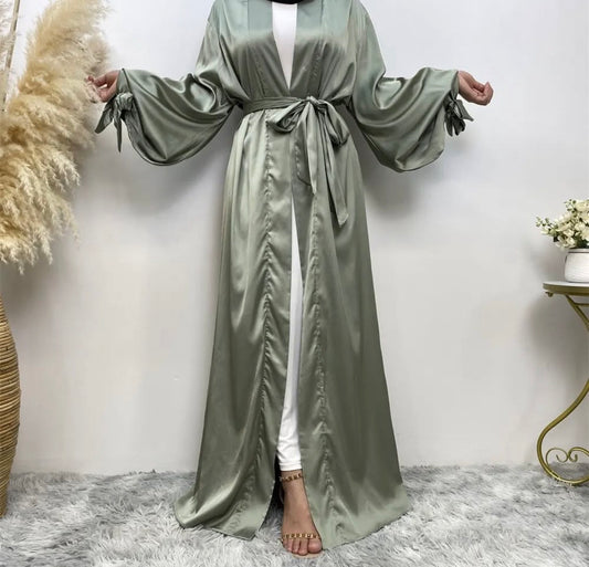 Sage green satin open abaya