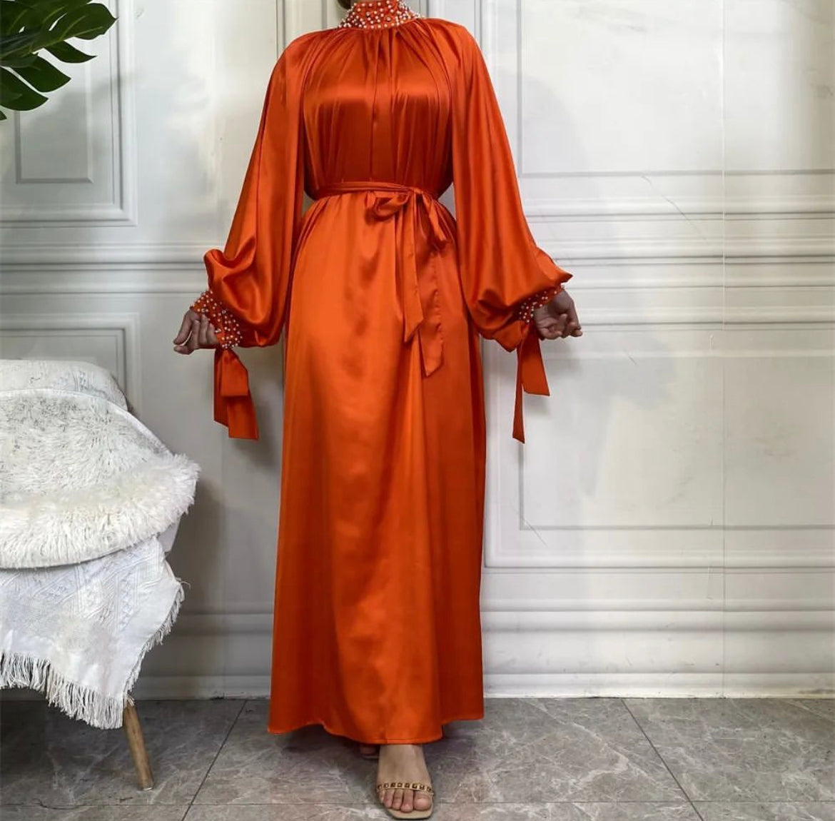 ORANGE PEARL HIGH NECK ABAYA