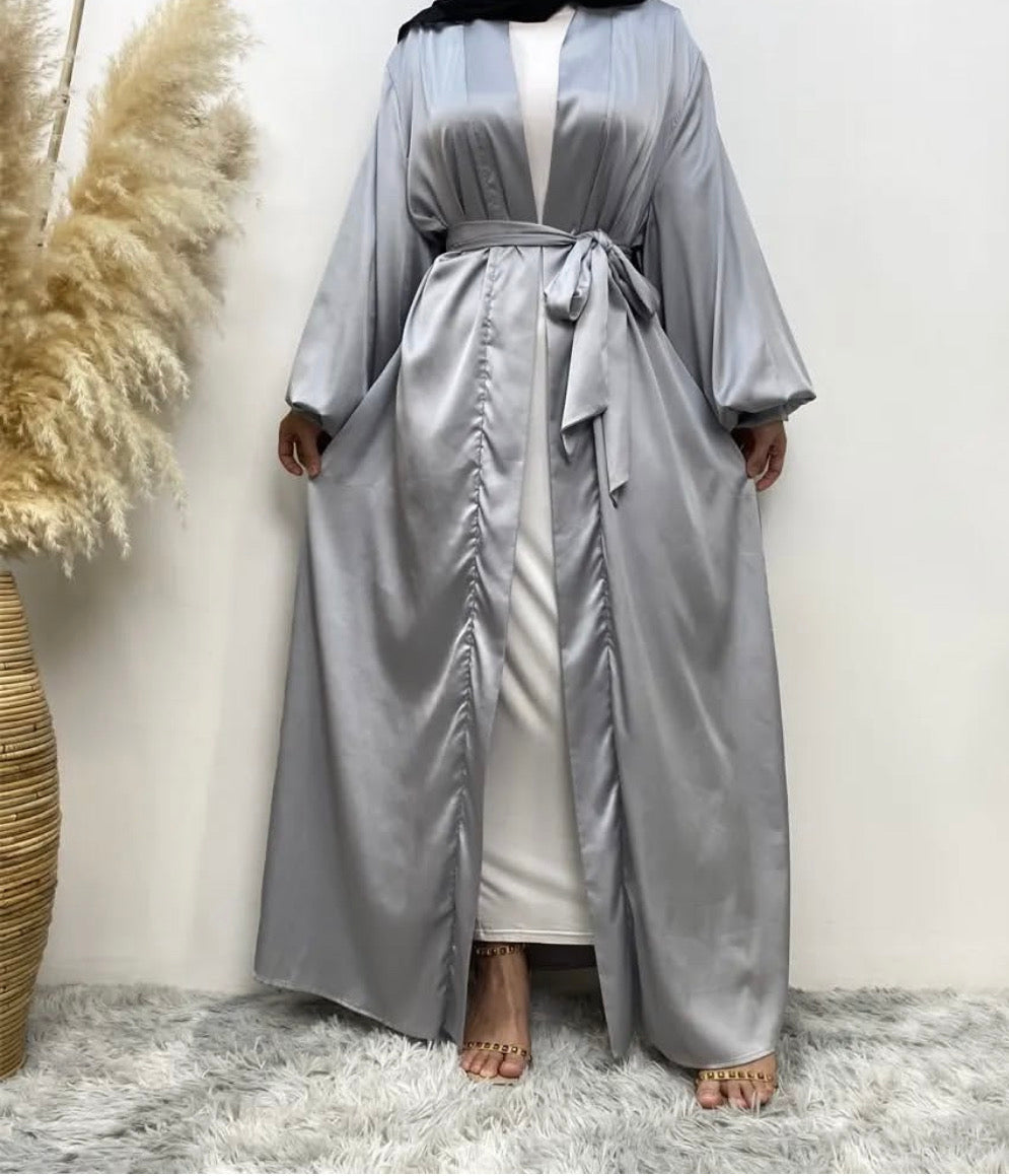 Silver satin open abaya