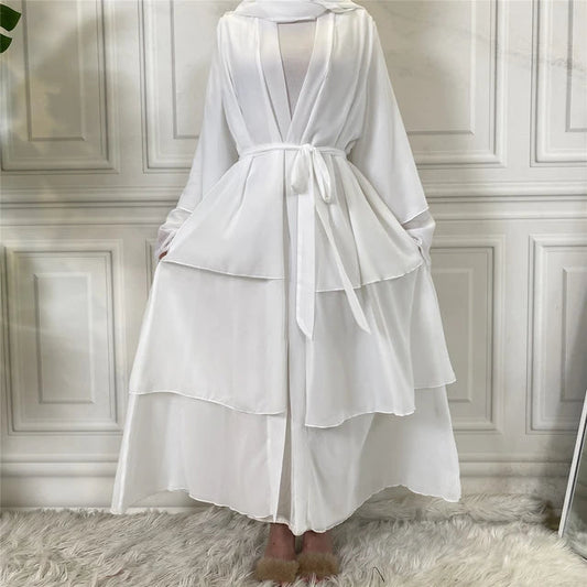 White three layer chiffon open abaya