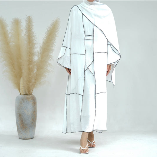 WHITE PIPED THREE PIECE ABAYA SET