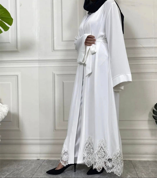 White lace open abaya