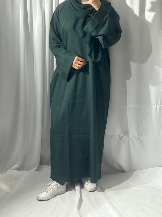 FOREST GREEN LINEN ABAYA CLOSED