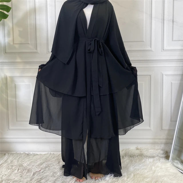 Black three layer chiffon open abaya