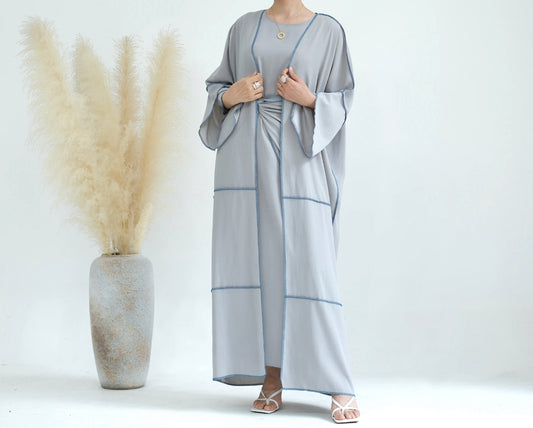 GREY THREE PIECE PIPED ABAYA